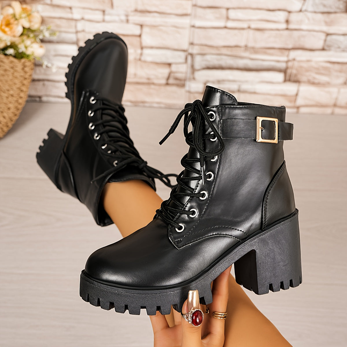 Women's Leather Chunky Heel Ankle Boots with Thick Sole and Low Heel