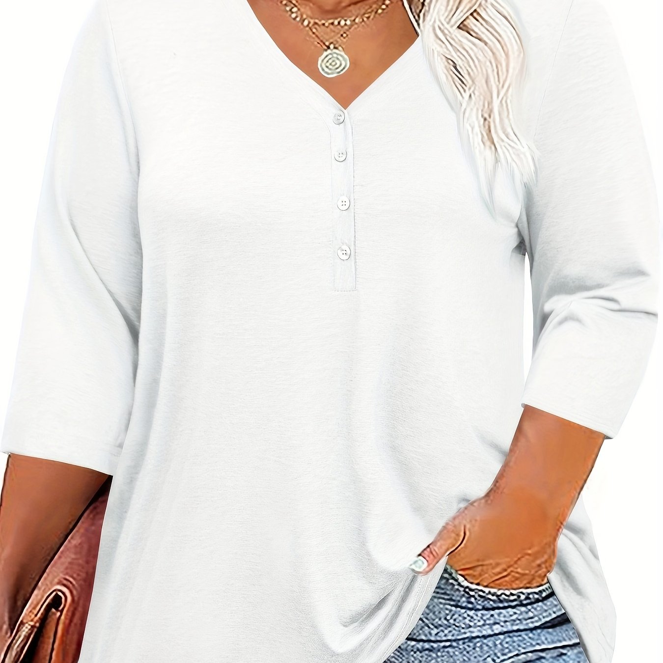 Women's V-Neck T-Shirt with Buttons Solid Color Polyester Spandex Pullover