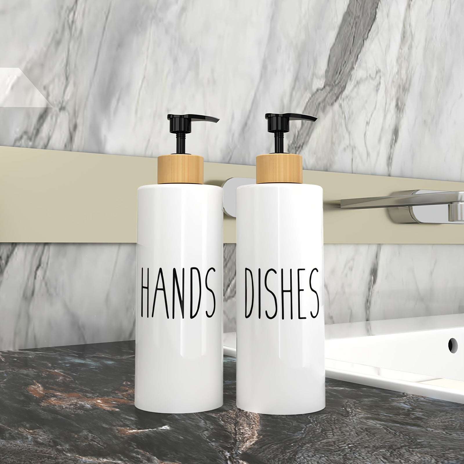 Set of 2 Refillable Soap Dispensers with 16.91oz PET Plastic Bottles and Wooden Tray
