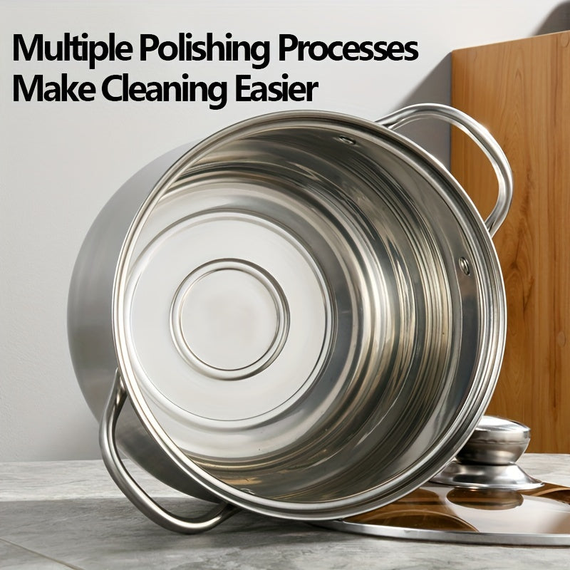 Premium zanglamas po'latdan yasalgan sho'rva qozoni shaffof shisha qopqoq bilan jihozlangan - mustahkam va ko'tarilgan, qaynatmalar va sho'rvalar tayyorlash uchun ko'p funksiyali, gaz va induksion plitalar uchun mos, uy va tijorat oshxonalarida mukammal.