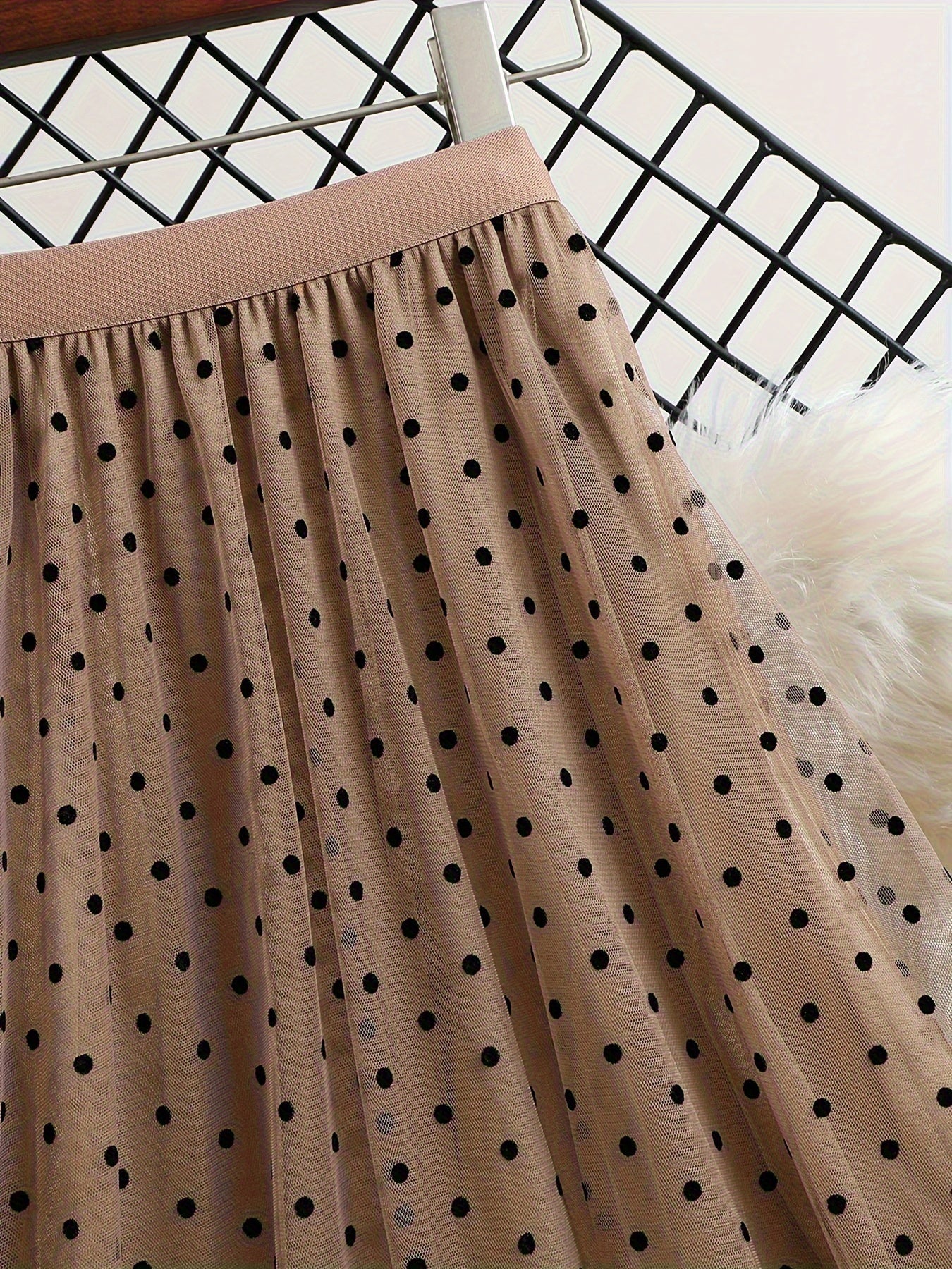 Falda midi de lunares de talla grande para mujer en línea A, con malla ligera y flocked