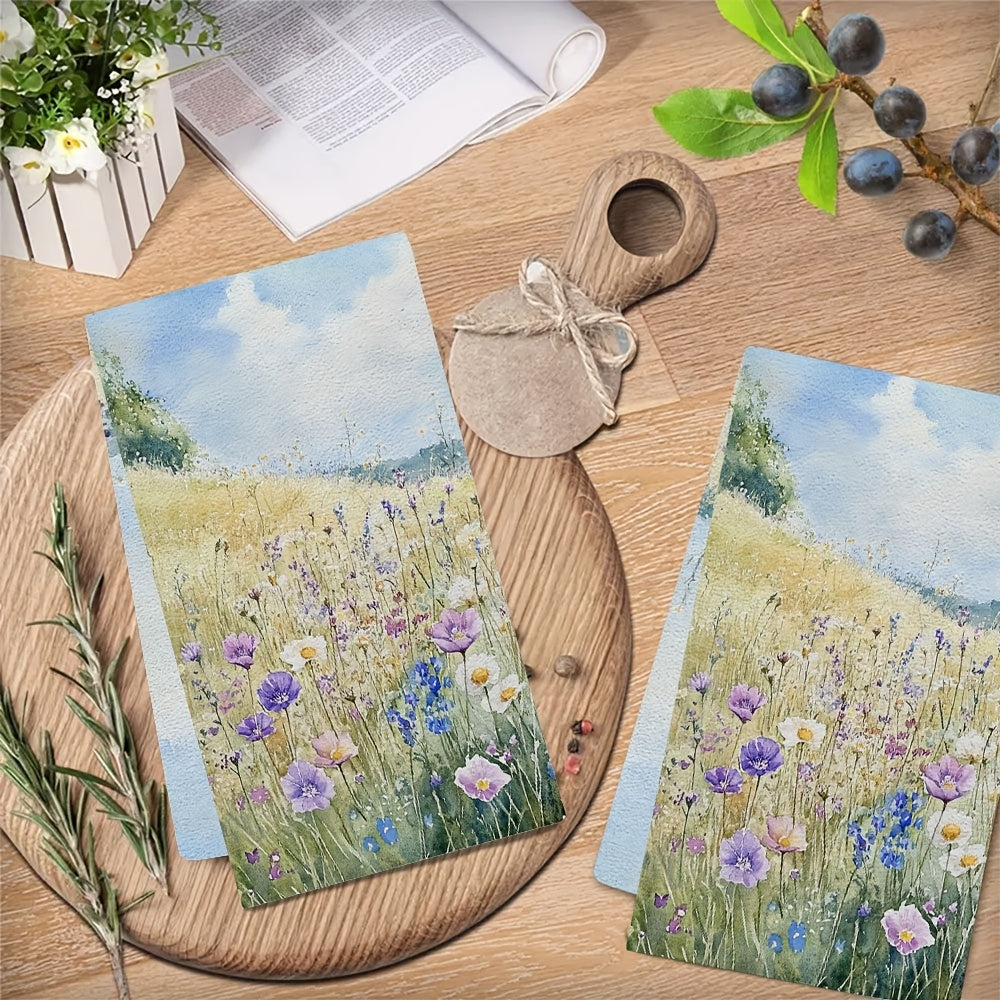 Two Pieces Ultra Soft Kitchen Towels Wildflower Meadow Design 40x60cm Absorbent