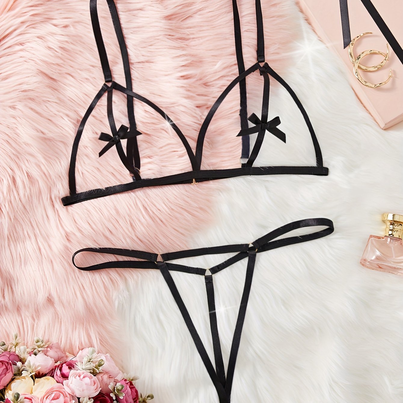 Women’s Lingerie Set Polyester Knit Adjustable Bra and Thong Solid Color High-Waisted Panty