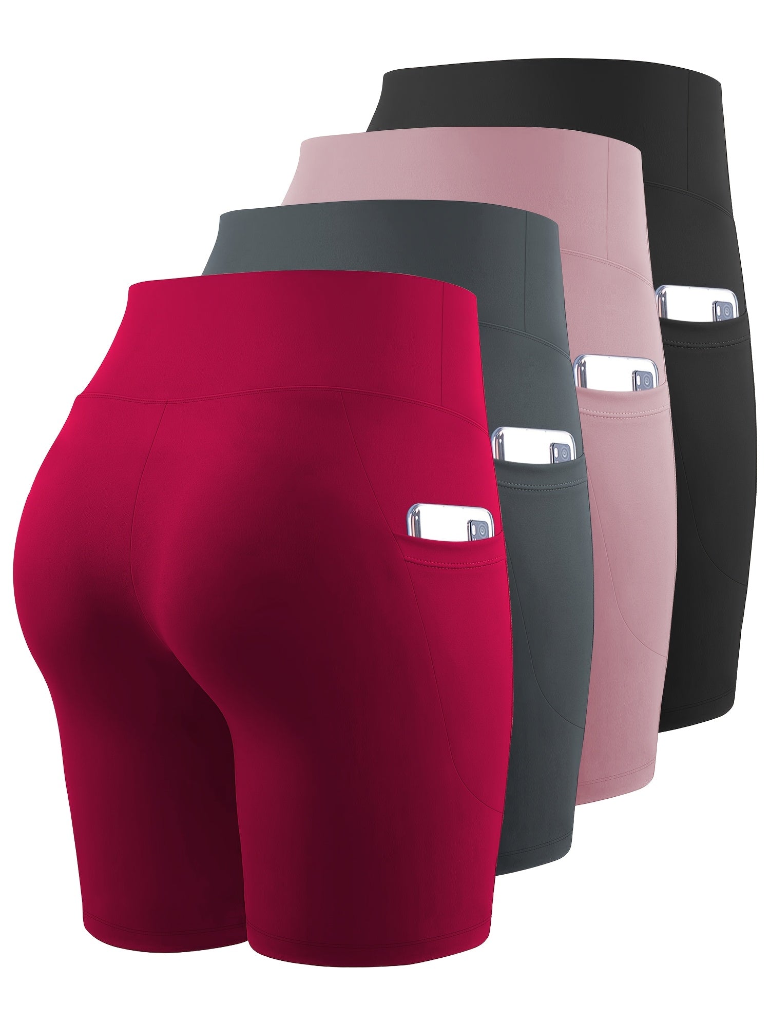 Plus Size Biker Shorts 4-Pack Polyester Knit High-Waisted Pockets Summer