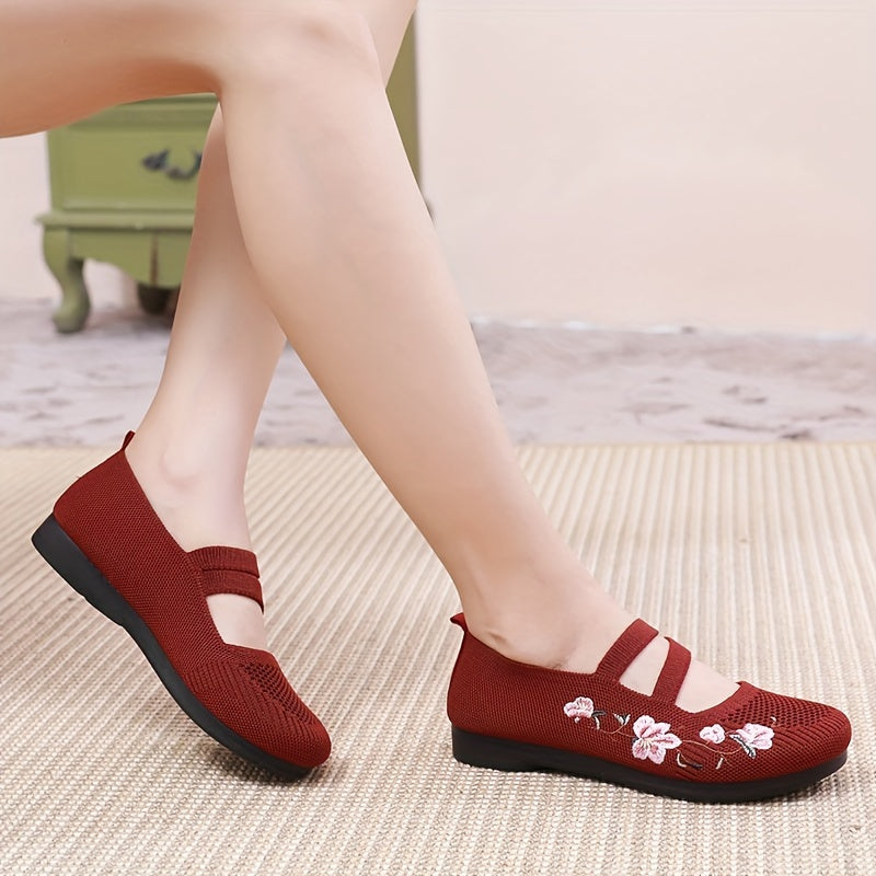 Women's Summer Casual Knit Flats Purple Red Embroidered Floral Lightweight Fabric Sole