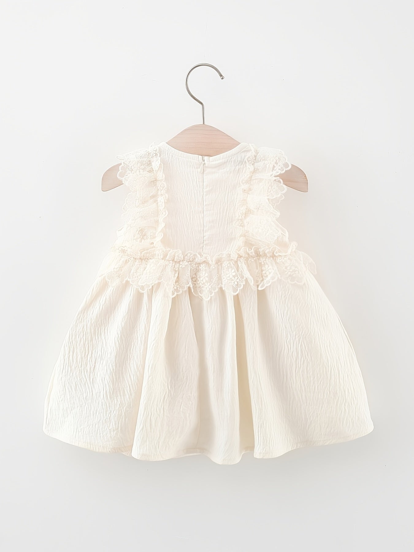 Girls Beige Sleeveless Princess Dress with Lace Trim Ruffled Skirt Cotton Blend for Summer Parties and Casual Outings