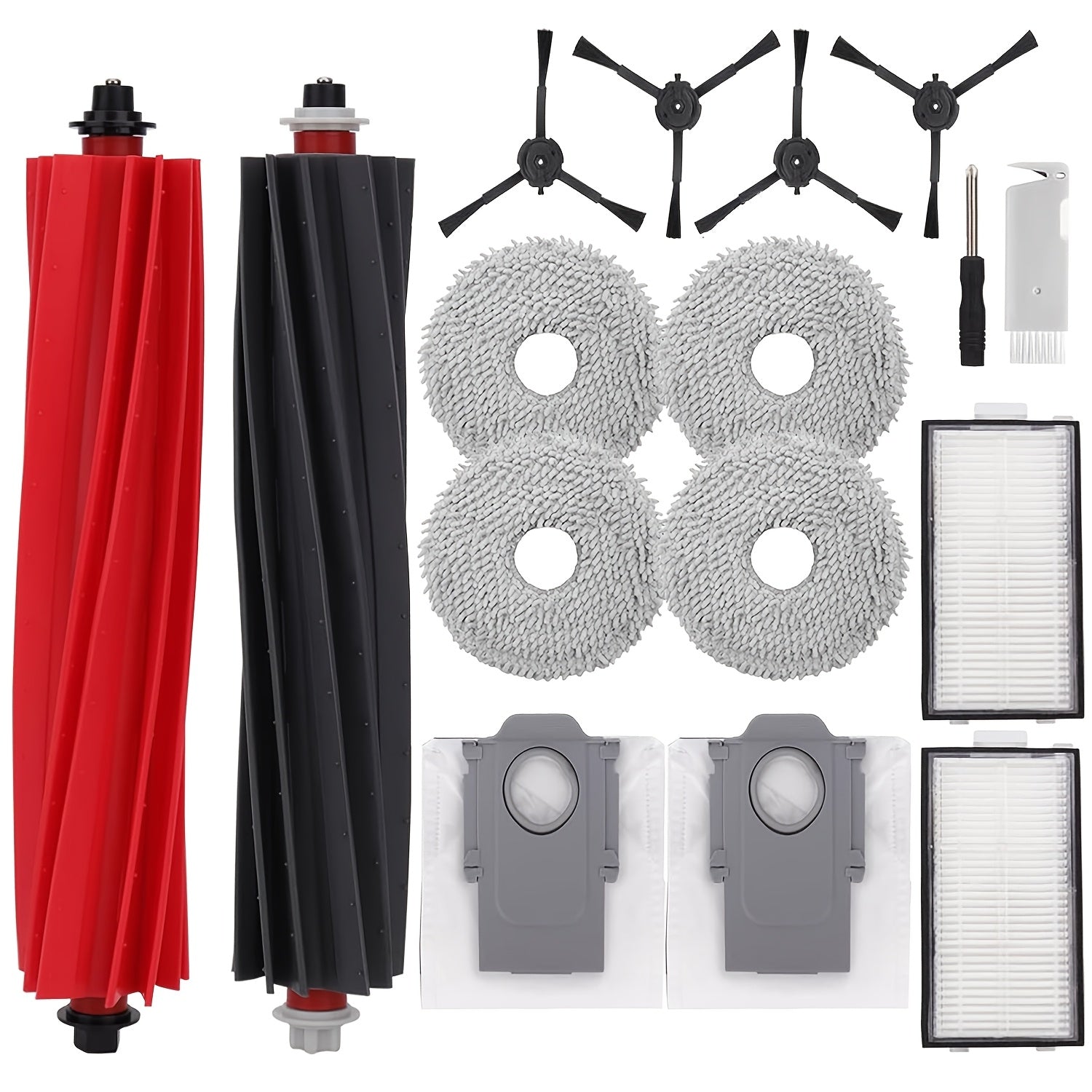 Roborock 16 dona Q-Revo Master Robot Tozalash Aksessuarlar To'plami asosiy cho'tka, yon cho'tkalar, mopa padlari, chang sumkalari, HEPA filtrlari, tozalash cho'tkasi, tornavida o'z ichiga oladi. Zaryadsiz, batareya talab qilinmaydi.