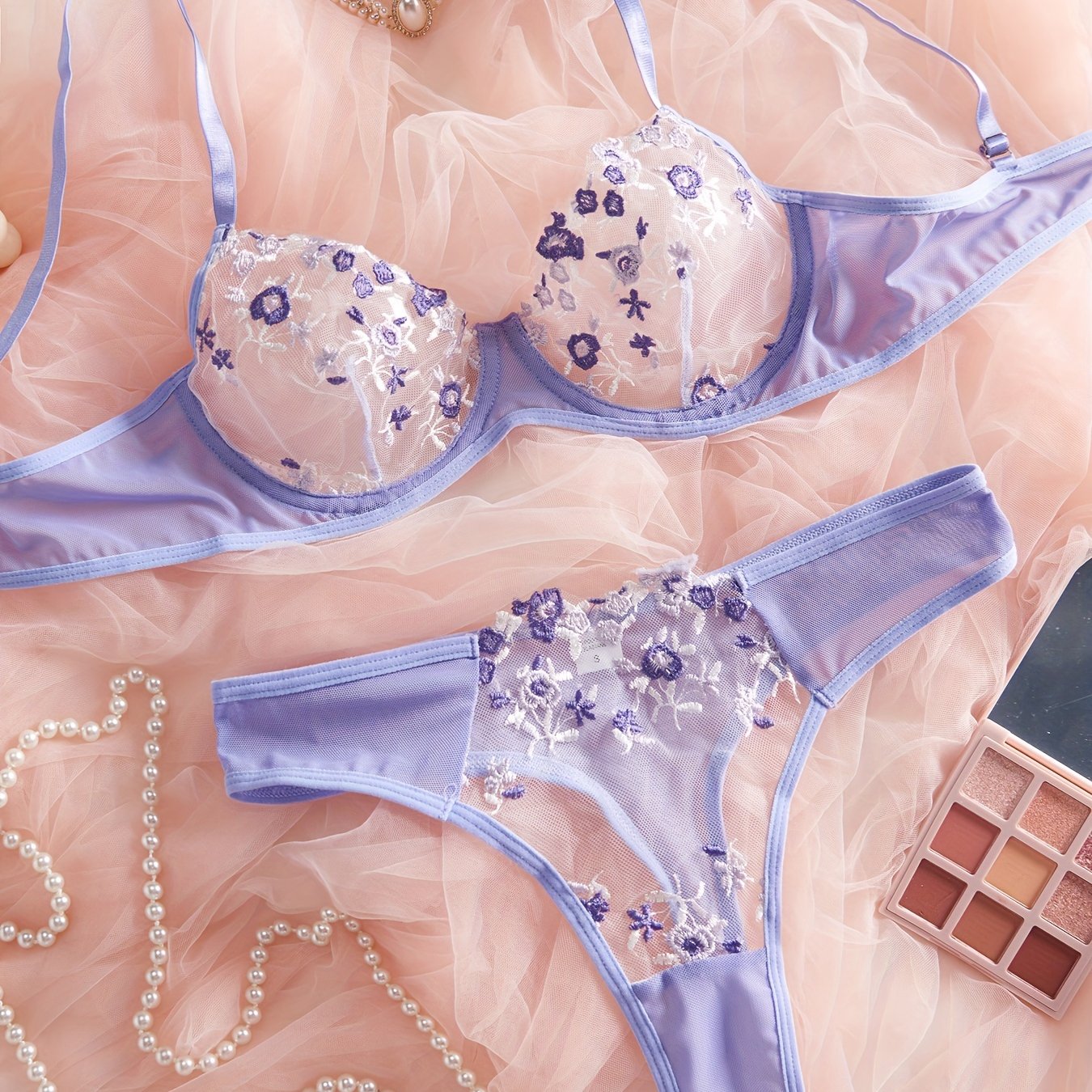 Women's Semi-Sheer Floral Embroidered Lingerie Set Bra and Thong