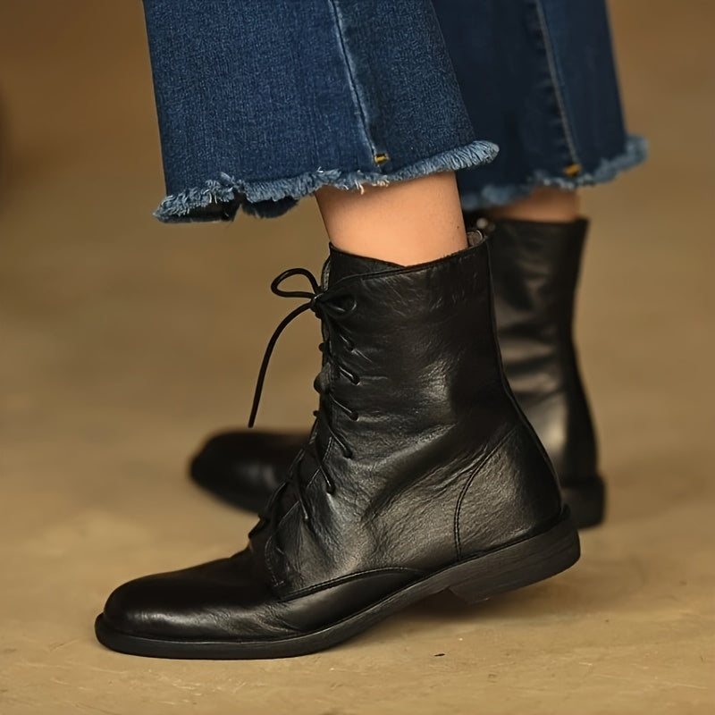 Women's Leather Round-Toe Flat-Soled Ankle Boots for Winter Casual