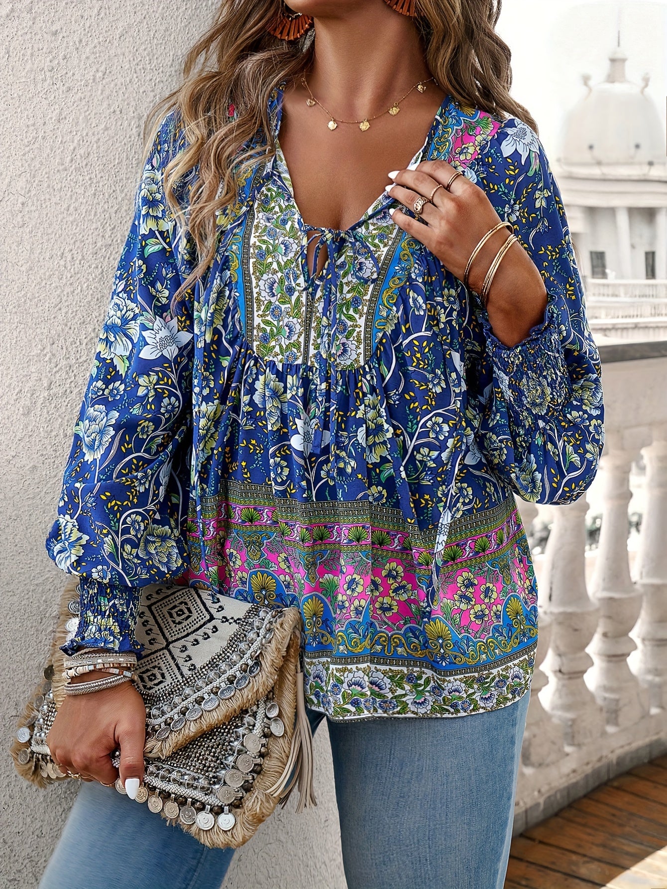 Plus Size Women's Floral Print Long Sleeve Blouse with Smocked Cuffs