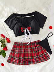 Preppy Cosplay Costume Set with Crop Top Plaid Mini Skirt and Lace-Up Backless Design