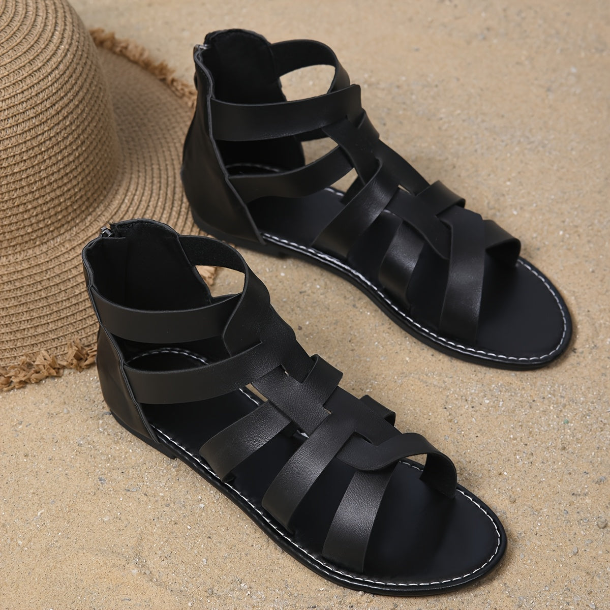 Zapatos planos para mujer de color sólido con cremallera trasera, verano cómodos