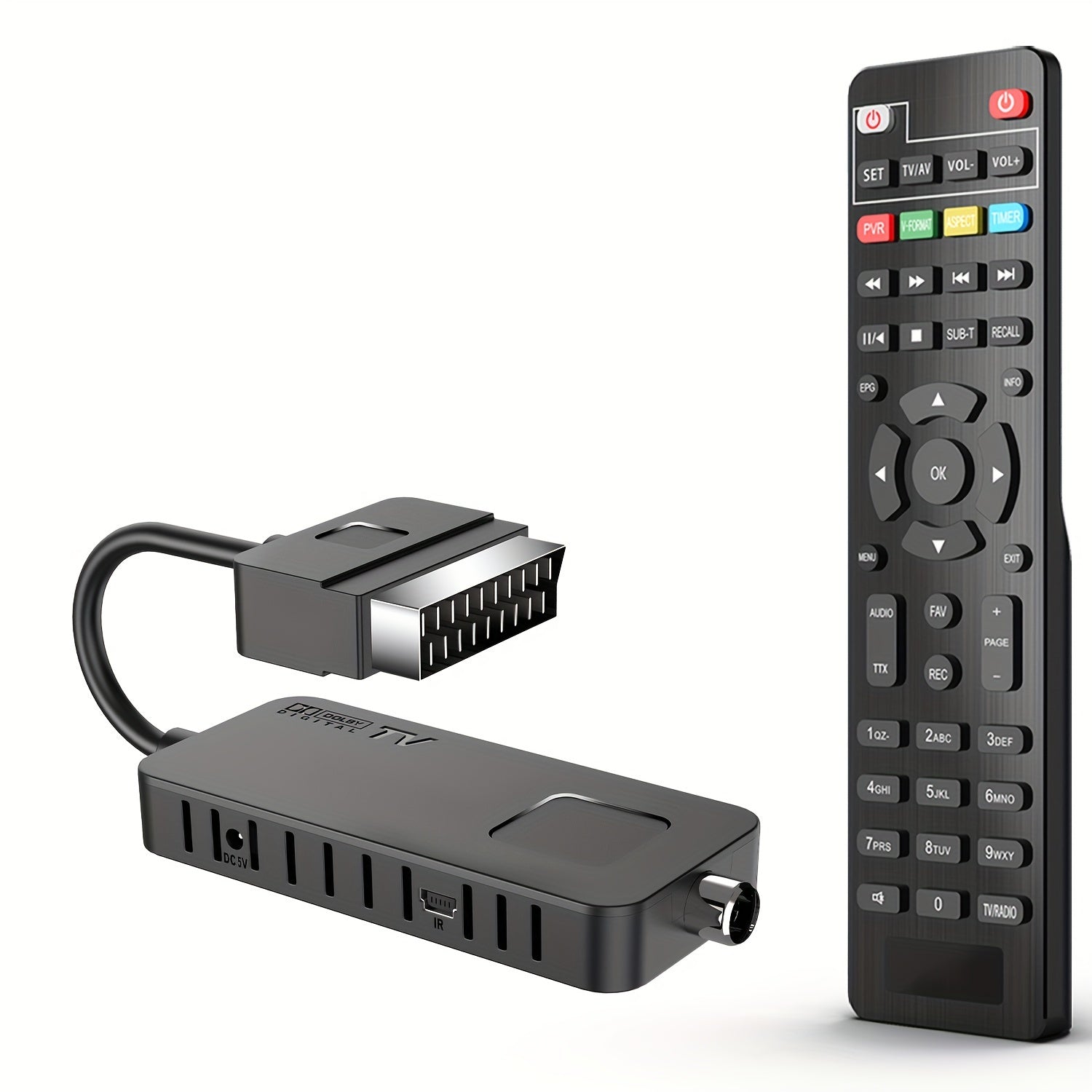 Mini DVB-T2 TV Stick with H.265 HEVC Decoding Scart Output Dolby Audio USB Multimedia PVR Recording