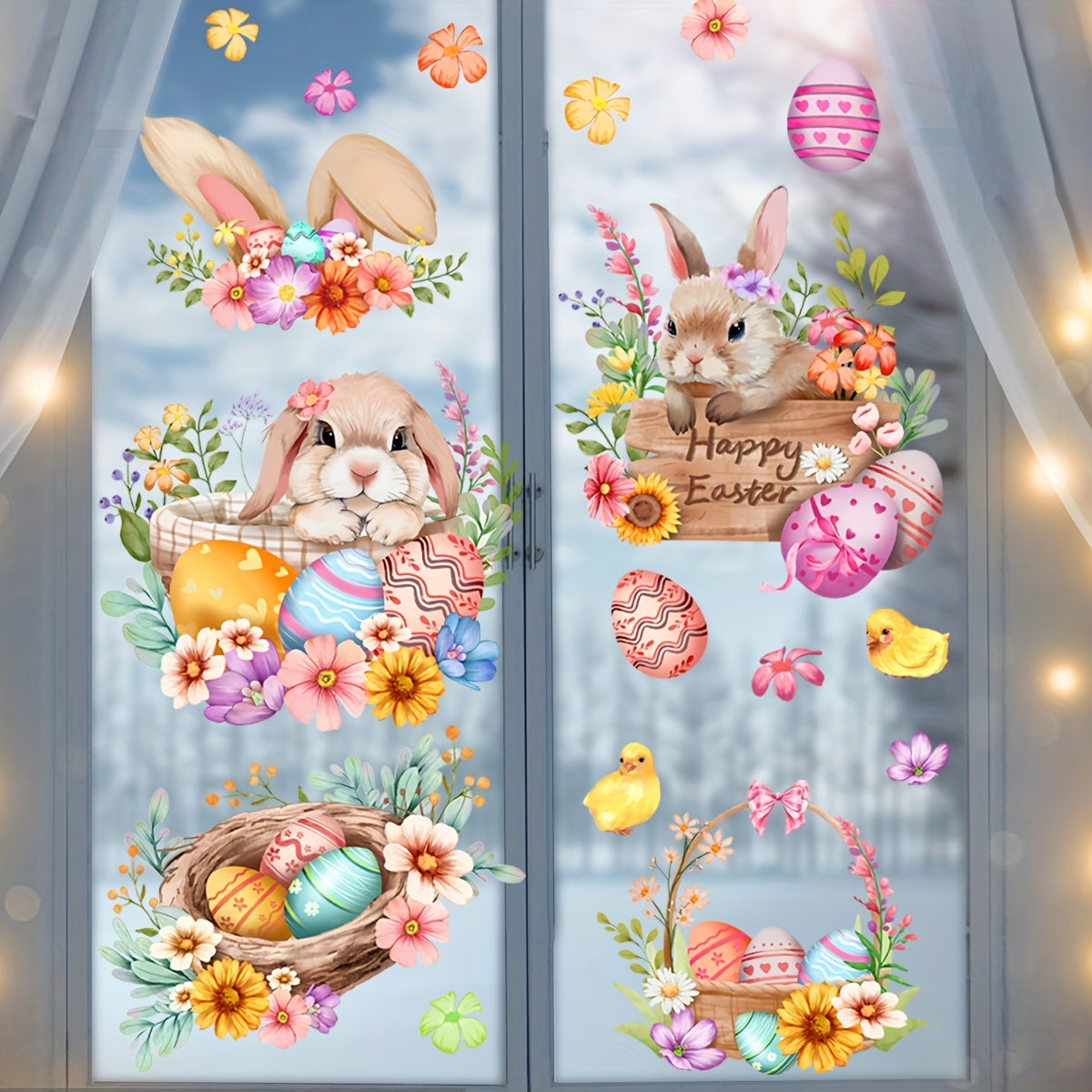 Easter Bunny and Eggs Window Clings Reusable PVC Static Decals 30x60cm