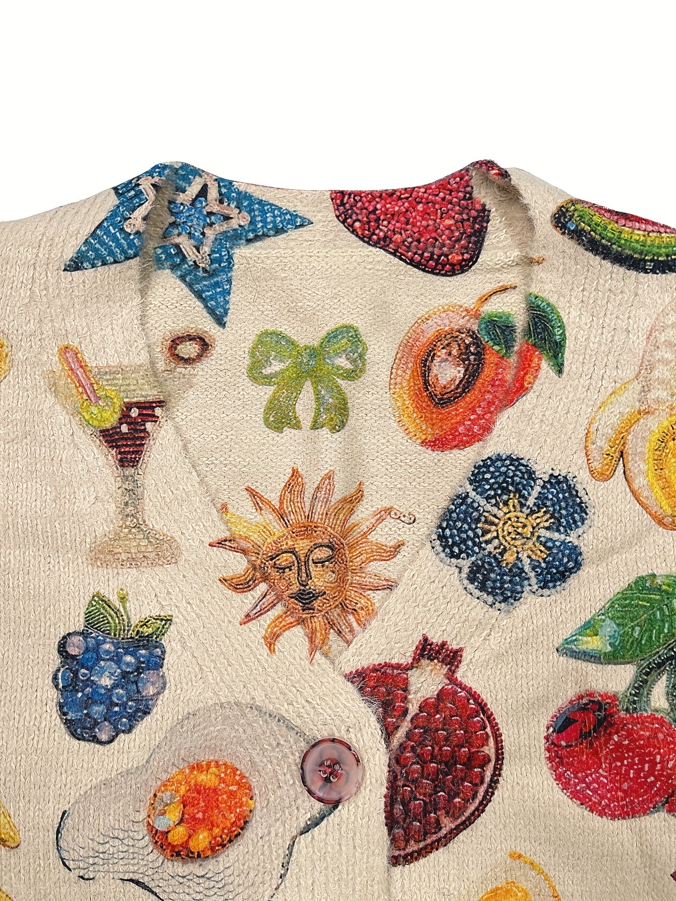 Plus Size Womens Fruit Print V-Neck Cardigan Long Sleeve Sweater Fall Winter Beige