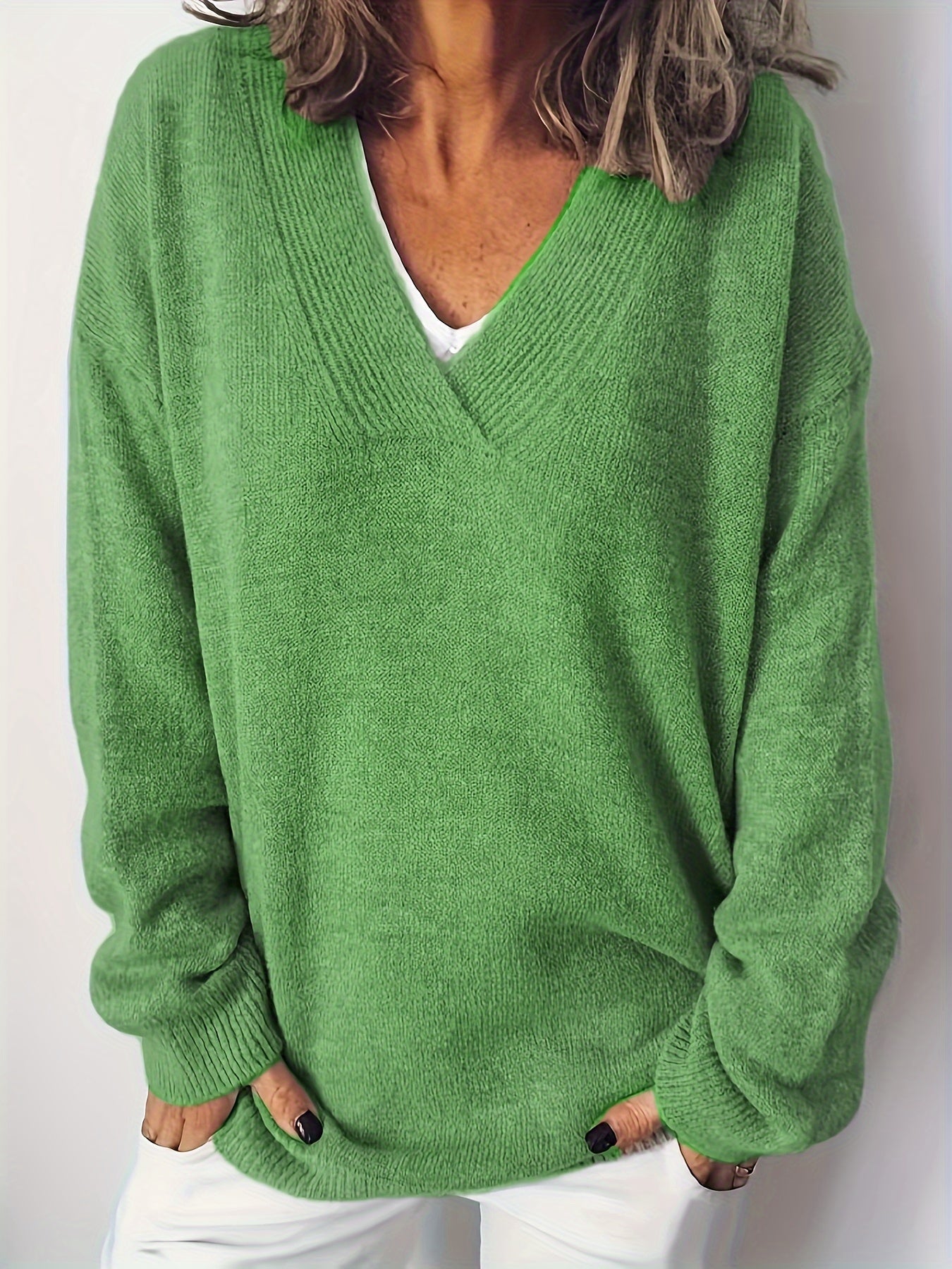 Women's Plus Size V-Neck Knitted Sweater Long Sleeve Casual Pullover