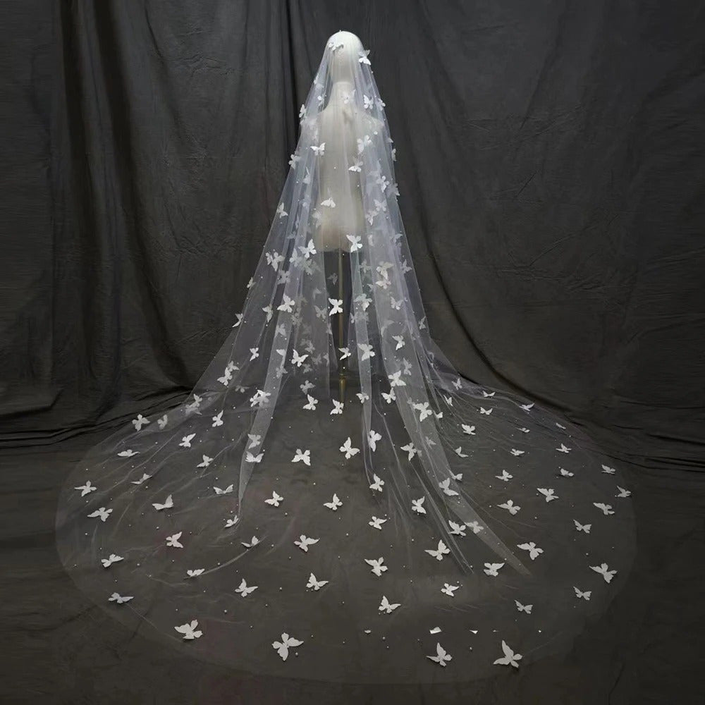 White Bridal Veil with 3D Butterfly Appliques Long Cathedral Tulle Wedding Headpiece