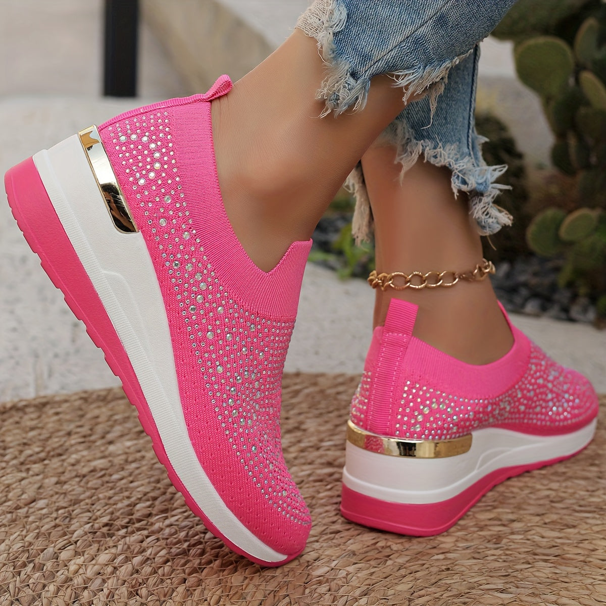 Women's Rhinestone Decor Platform Sneakers Casual Slip-On Outdoor Shoes
