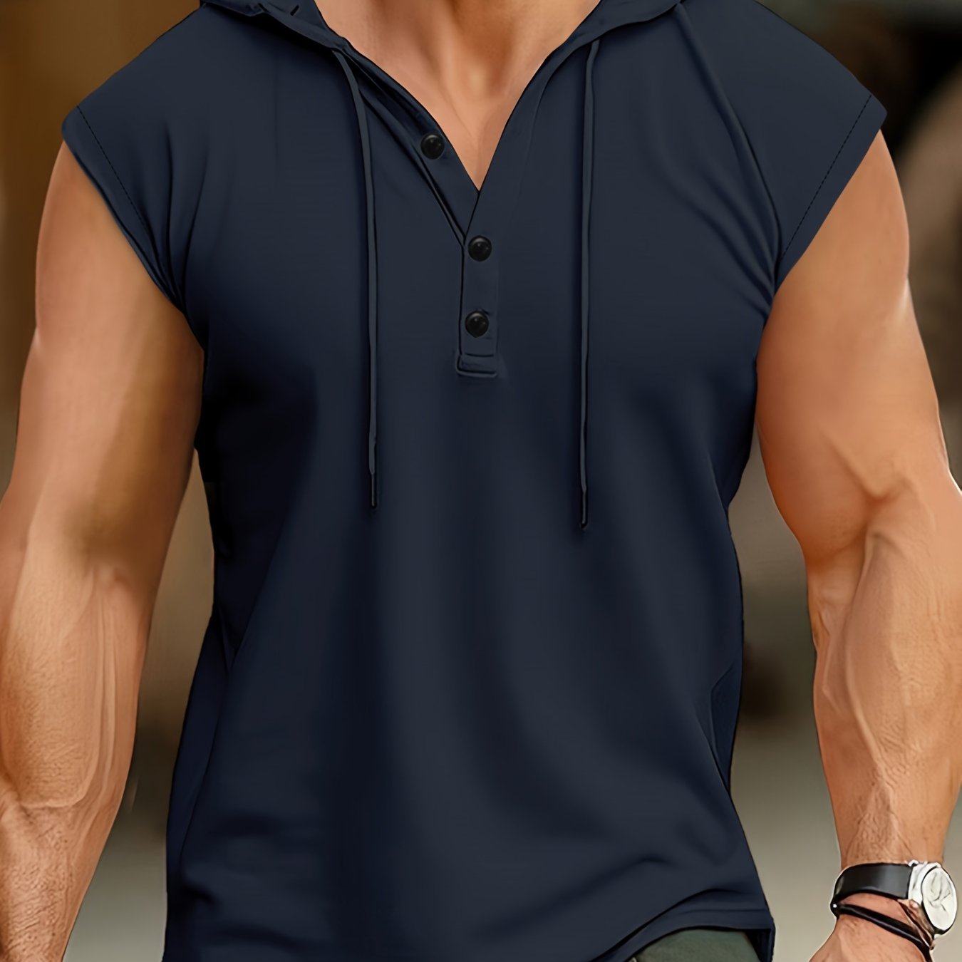 Men's Sleeveless Hooded Henley Shirt Polyester Summer Casual Sport Breathable Button-Detail