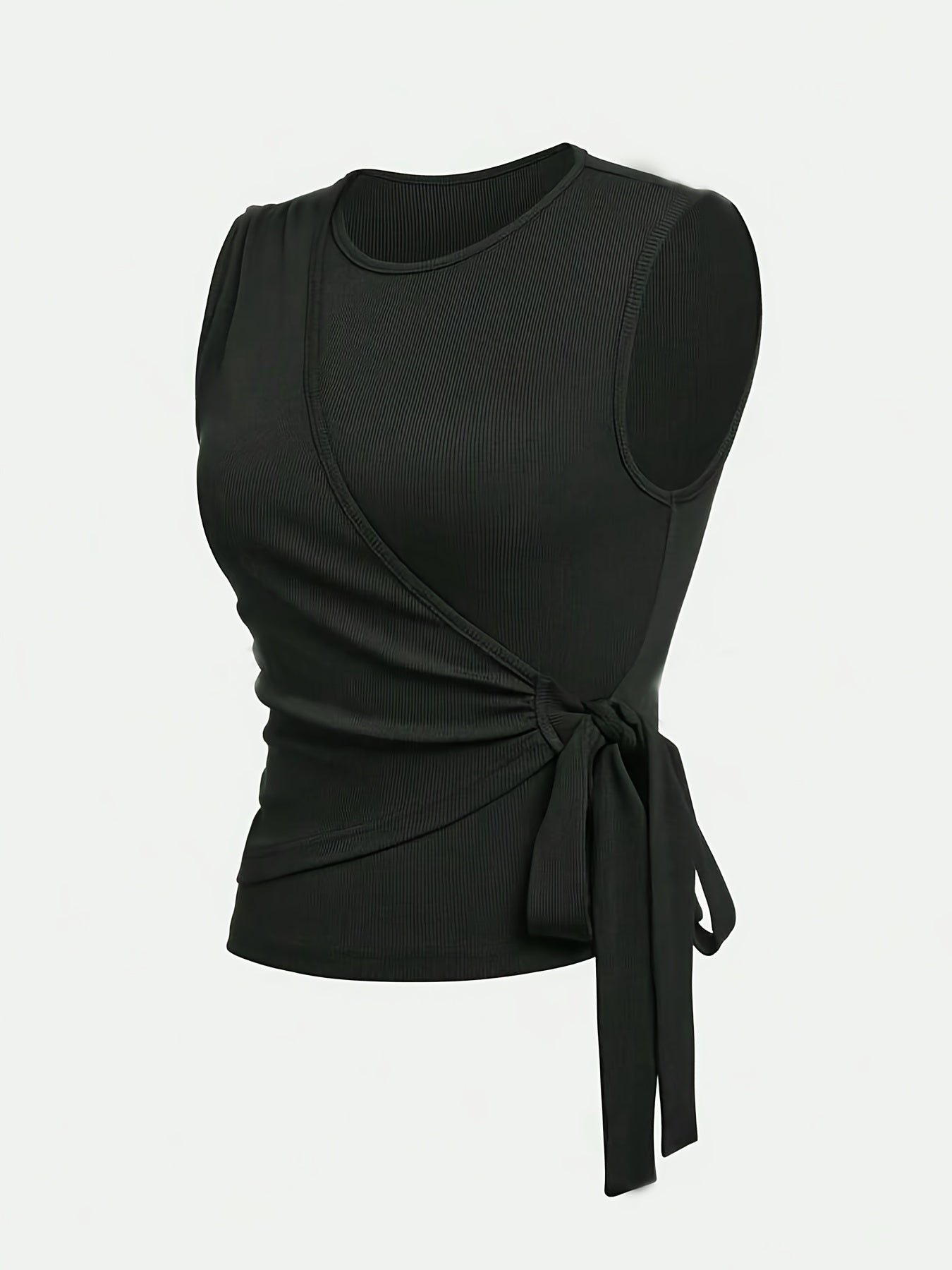 Women's Solid Color Pantsuit with Crew Neck Lace-Up Tank Top and Wide Leg Pants