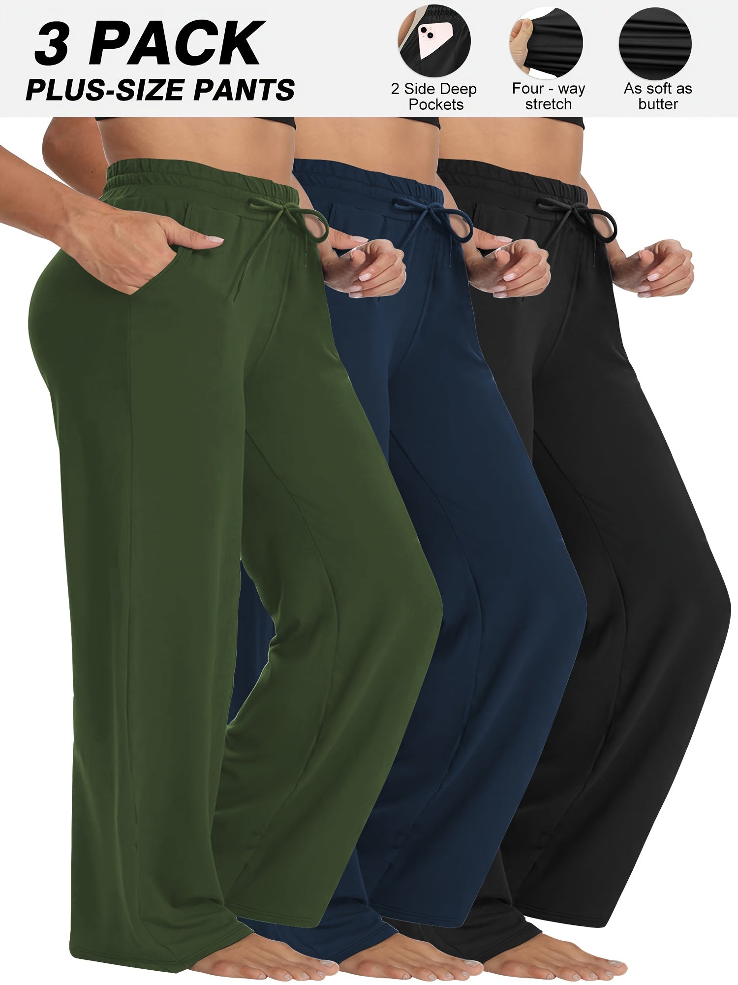 Pantalones de mujer de talla grande de pierna ancha, pack de 3, de tiro alto, elásticos y casual