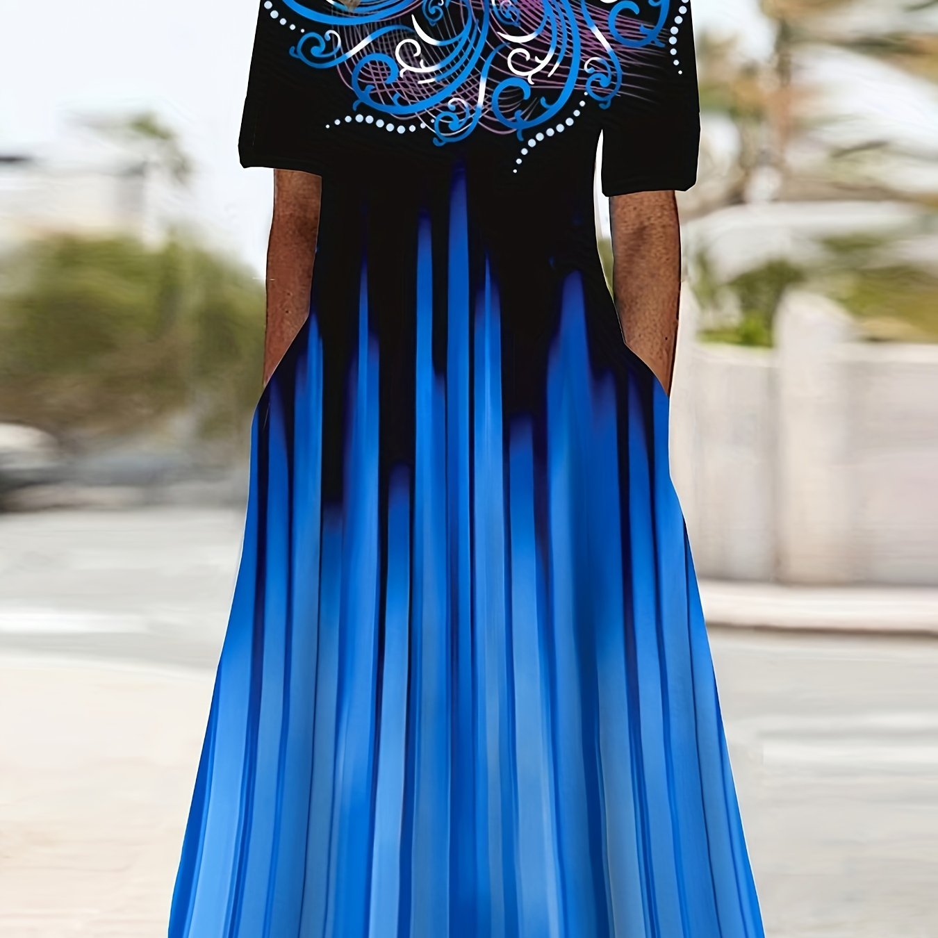 Plus Size Women's Maxi Dress with Pockets Floral Ombre Short Sleeve Crew Neck Stretchy Polyester