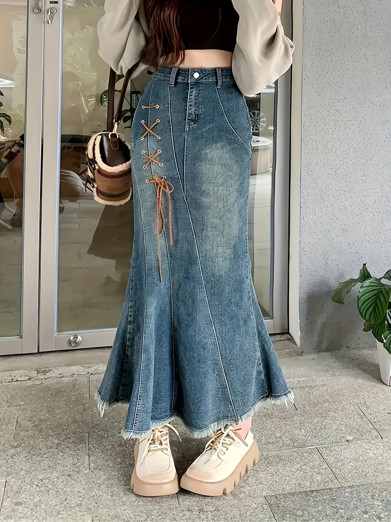 Plus Size Denim Skirt Lace Up Raw Hem Blue Maxi Mermaid Elegant Women's Clothing