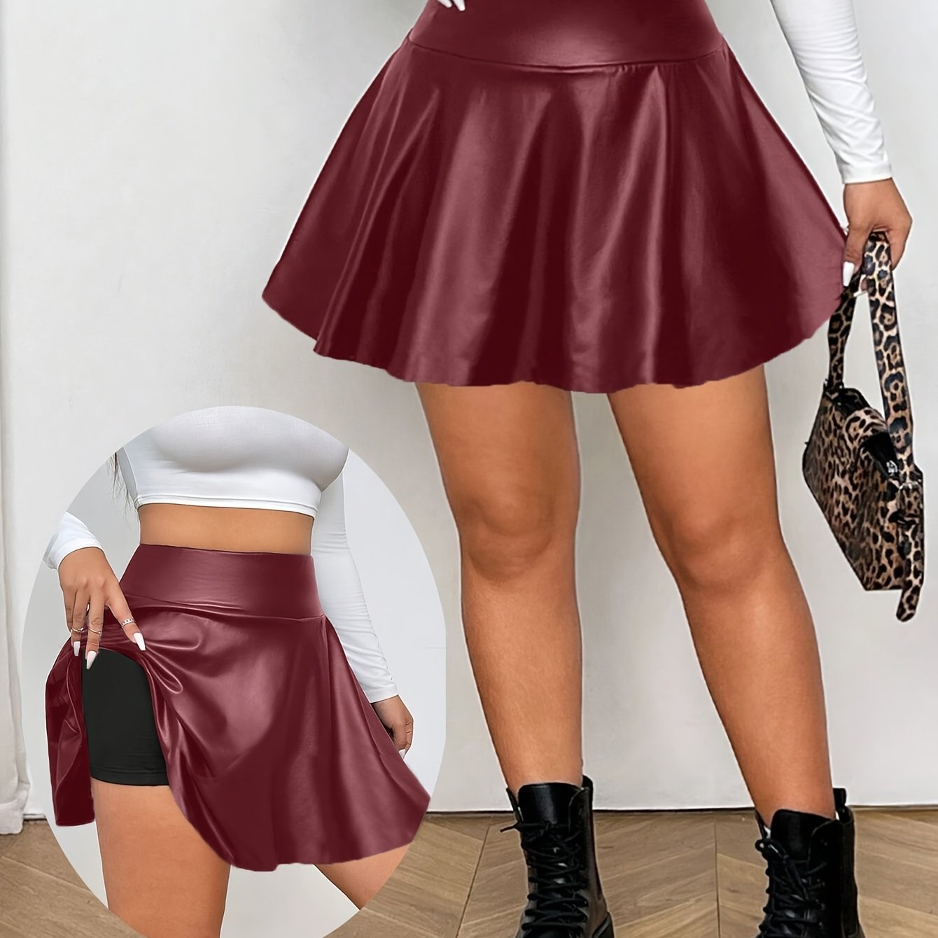 Plus Size Women's Faux Leather High-Waist A-Line Skirt with Shorts Maroon