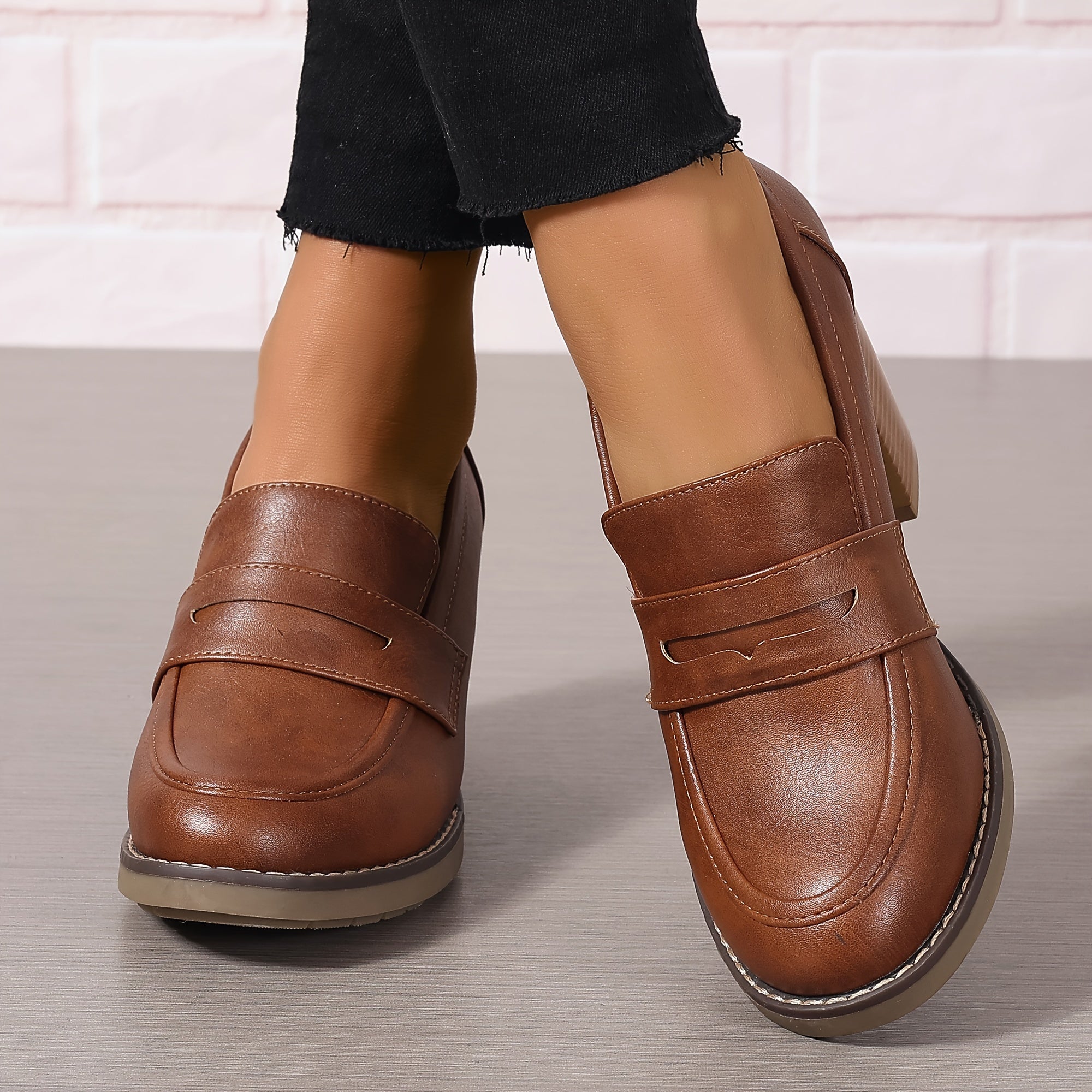 Women Slip-On High Heels Brown Faux Cover Round Toe Block Heel