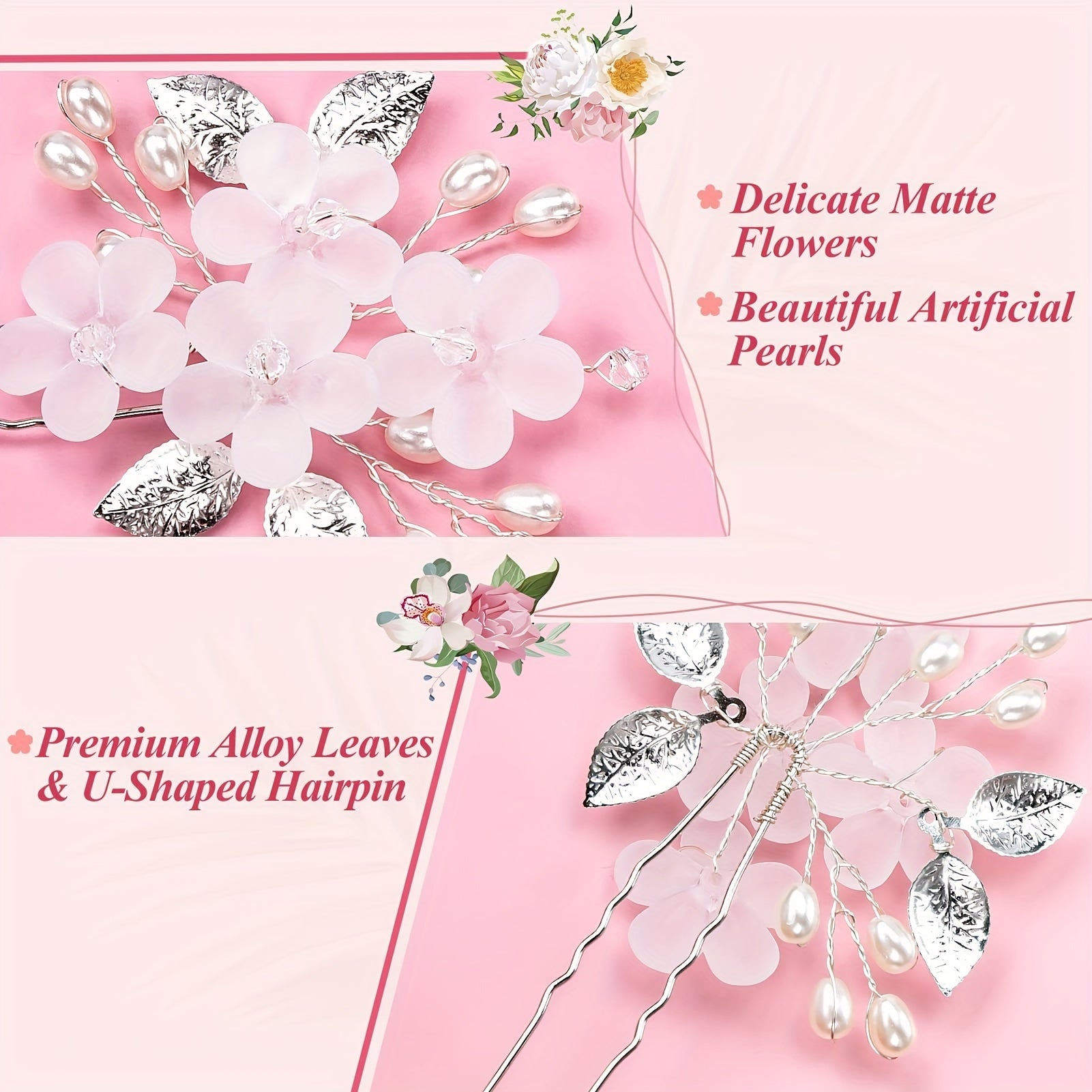 Ayollar uchun 5 ta U-shaklidagi sochbog'lar to'plami, gul va marjonli detallari bilan