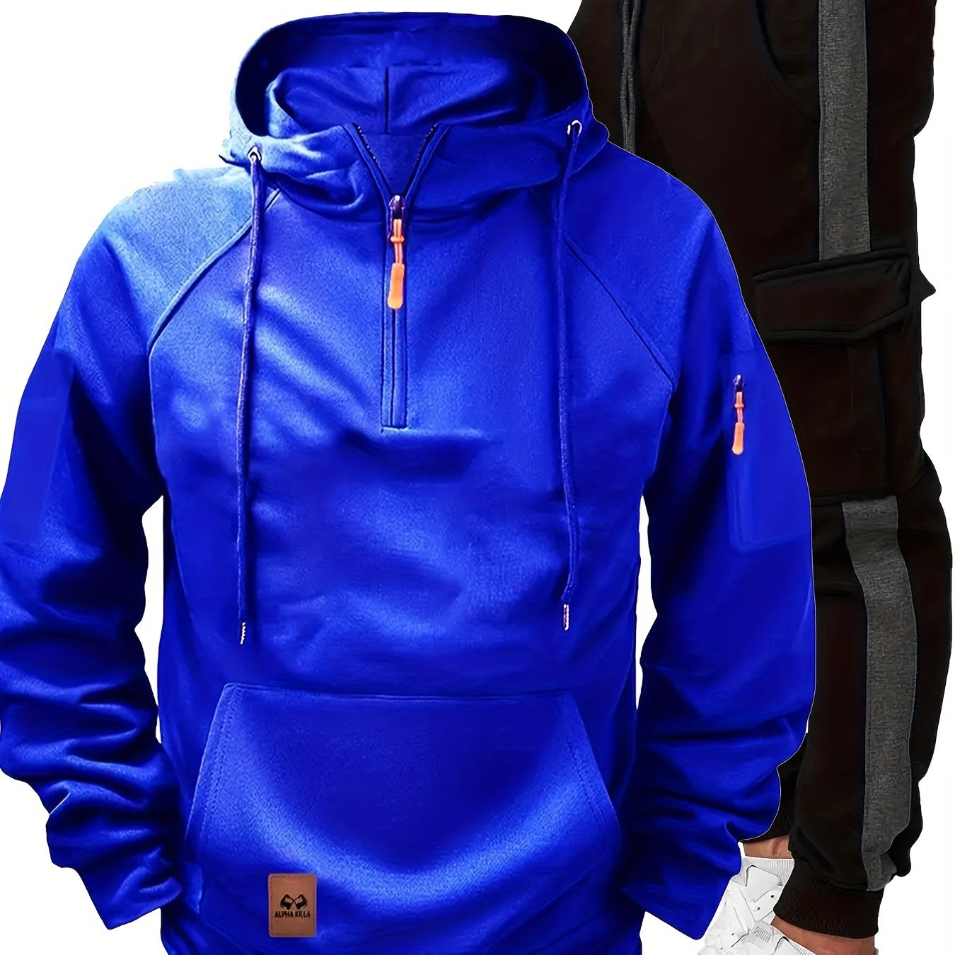 Erkaklar kuz/qish tasodifiy sport kiyimlari to'plami: Kapüşonli fermuarlı kurtka va tortma belli sport shimlari, polyester, tashqi faoliyatlar uchun odatdagi moslik.