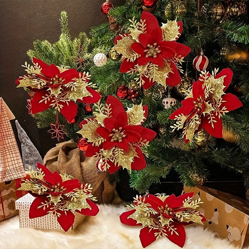 10 Golden and Silvery Artificial Christmas Decorations with Red Flowers Ornaments and Wreaths