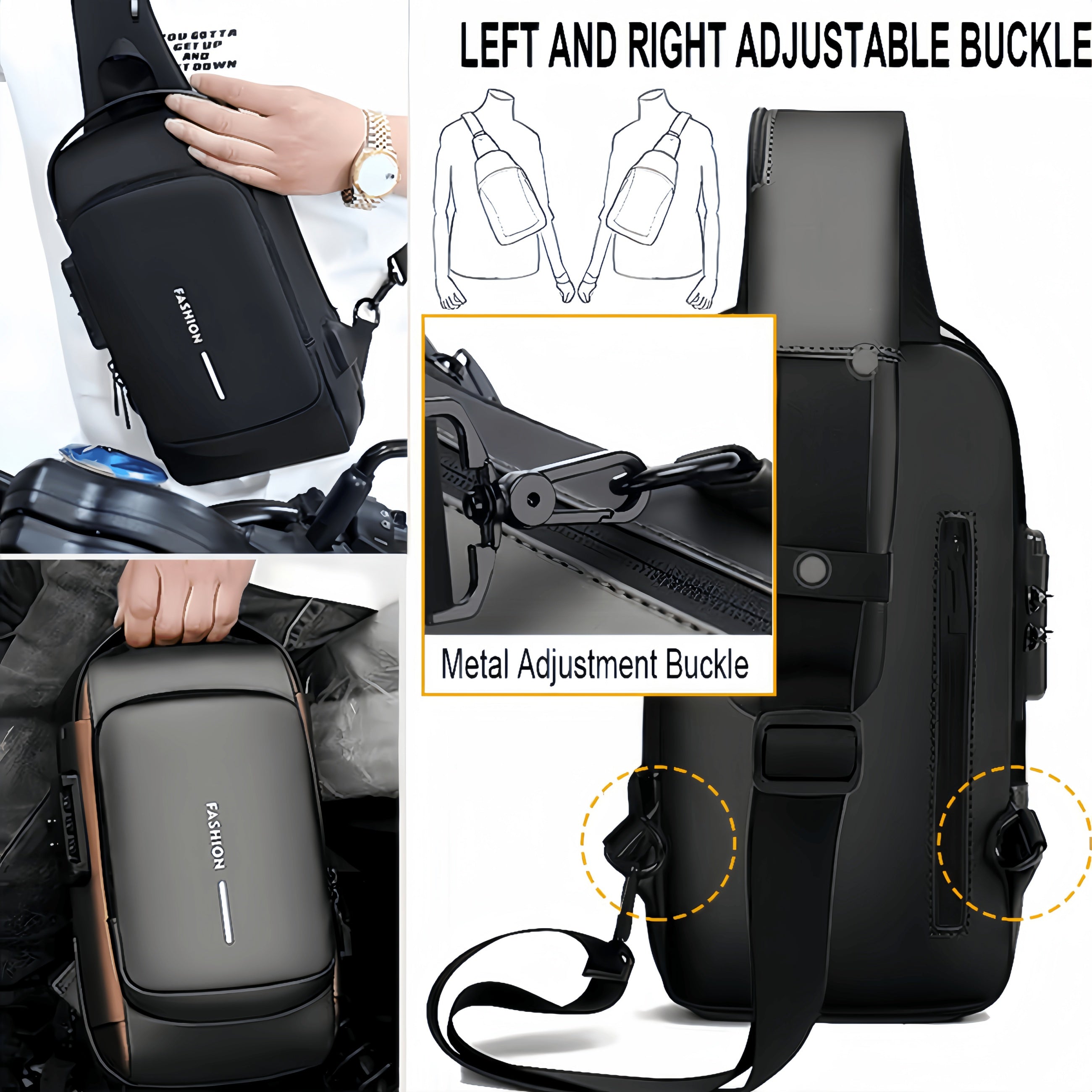 Oxford Fabric Sling Backpack with USB Port Adjustable Strap for Hiking Travel
