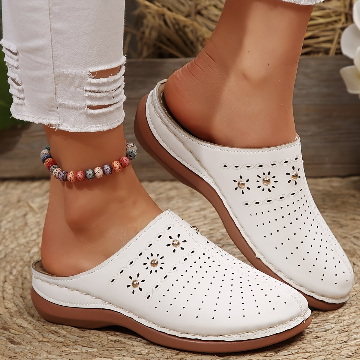 Women’s Wedge Heel Round Toe Shoes Synthetic with Studs and Ventilation White/Navy/Brown