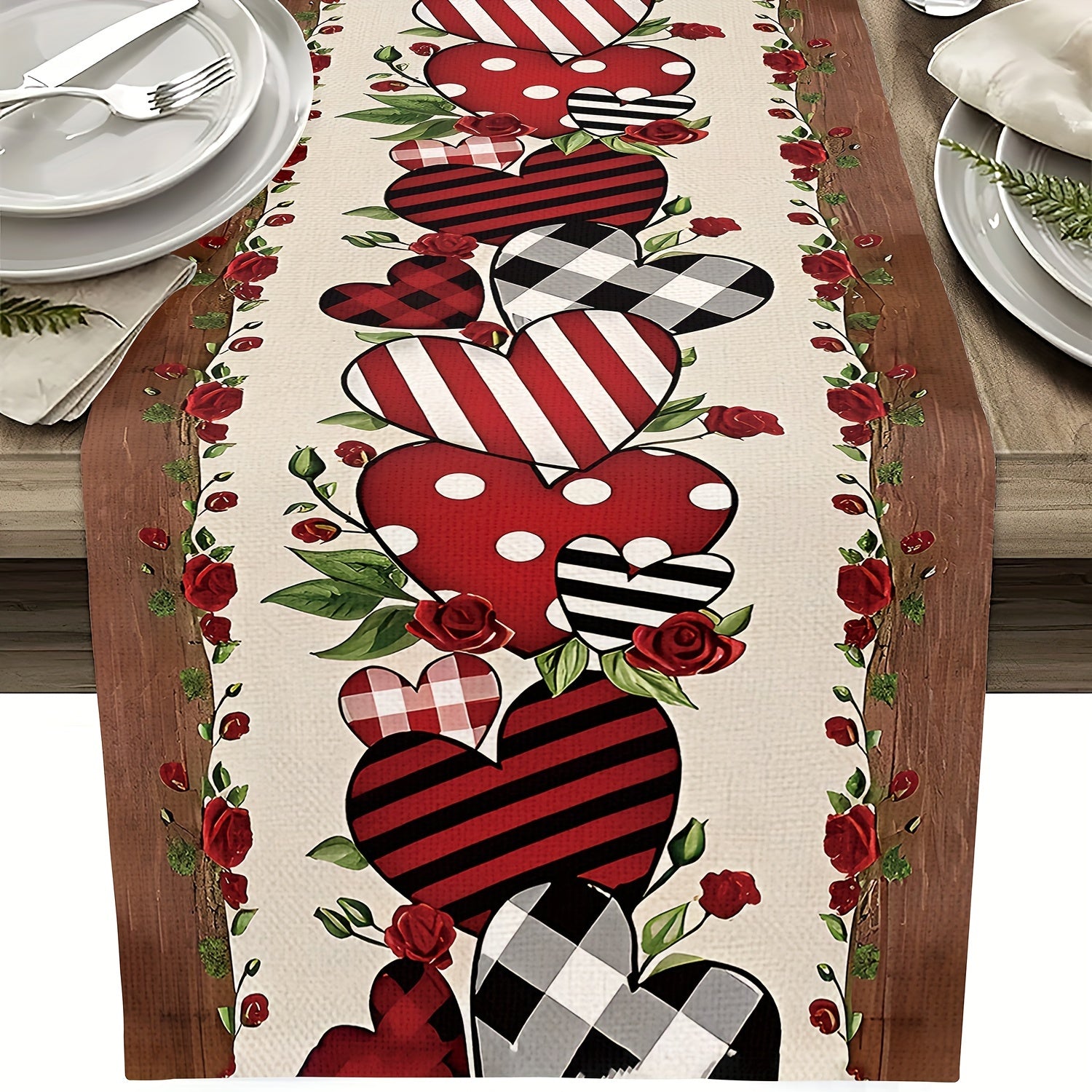 Washable Valentine’s Day Table Runner with Red Heart Leaf Design Non-Slip Insulated Backing