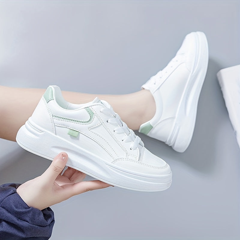 Women's Lightweight Solid Color Leather-Style Flat Sneakers for Leisure Running and Walking