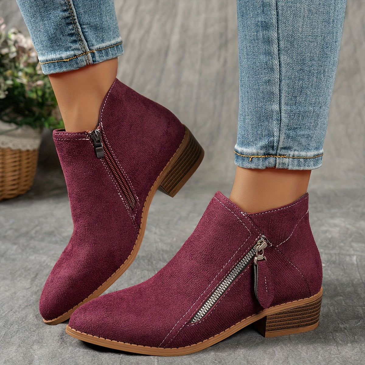 Women Velvet Ankle Boots Solid Color Chunky Heel Side Zipper Pointed Toe