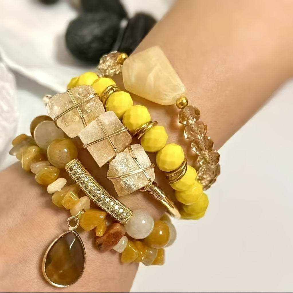 Bohem uslubi 5-dona qimmatbaho toshlar bilaguzuk to'plami, kundalik kiyish va partiyalar uchun mukammal, turli ranglarda mavjud, uniseks zargarlik tanlovi