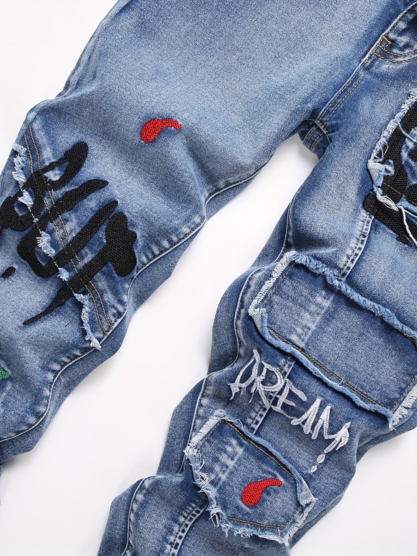 Boys Embroidered Graffiti Jeans with Elastic Waist and Cuffs Cotton Blend All-Season