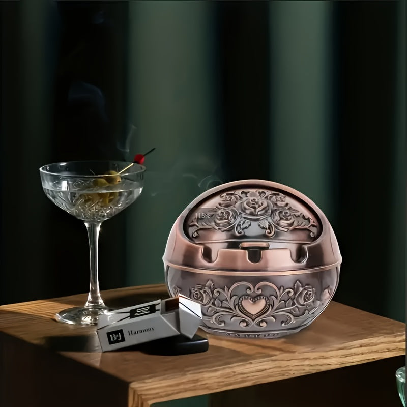 Vintage Rose Windproof Ashtray with Lid, Alloy Steel, Portable, Floral Pattern