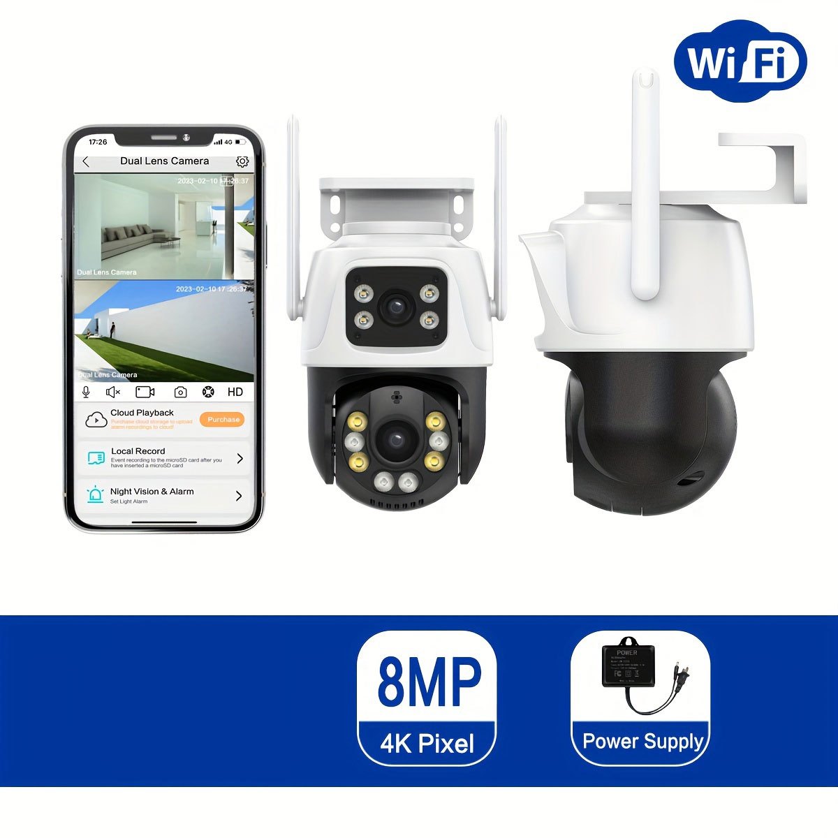 4K Dual-Lens WiFi Security Camera with Night Vision Motion Detection and Two-Way Audio