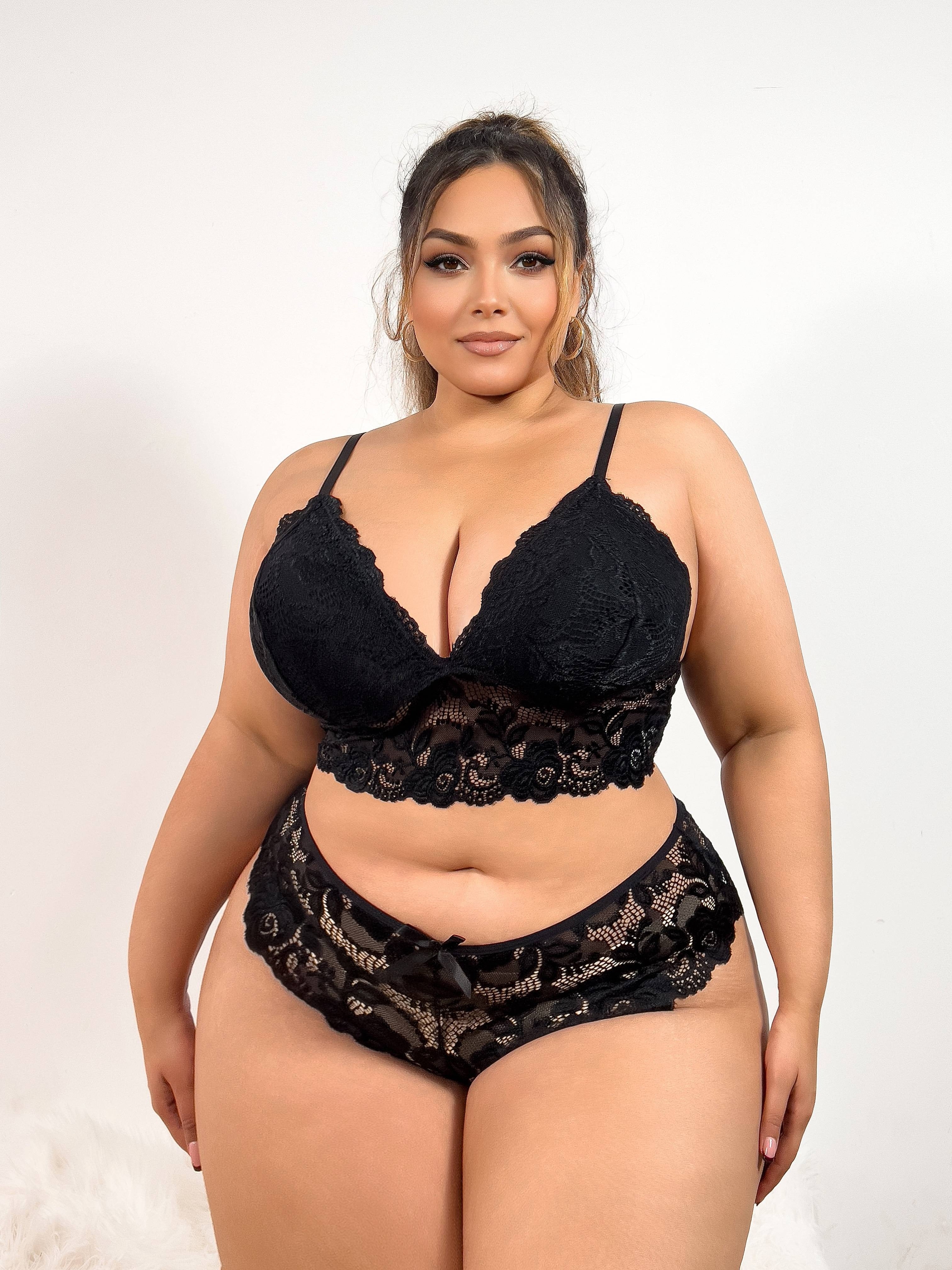 Women's Plus Size Lace Sexy Lingerie Set Satin Nightwear Plus Size Red