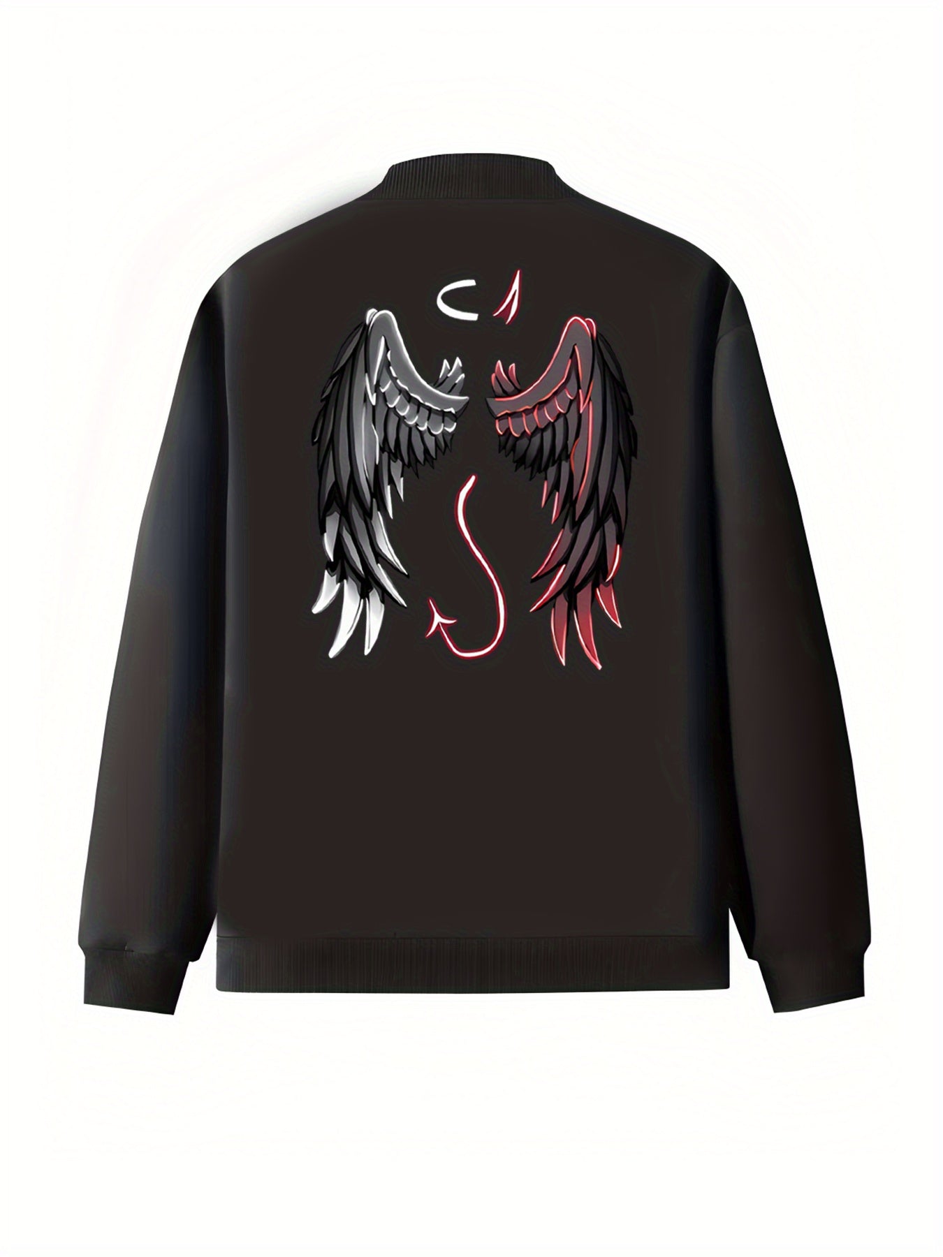 Plus Size Women's Cotton Baseball Collar Jacket Black White Pink Angel Devil Print Long Sleeve Outerwear