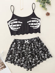 Adult Halloween Garter Top and Shorts Pajama Set Skull Palm Print Polyester