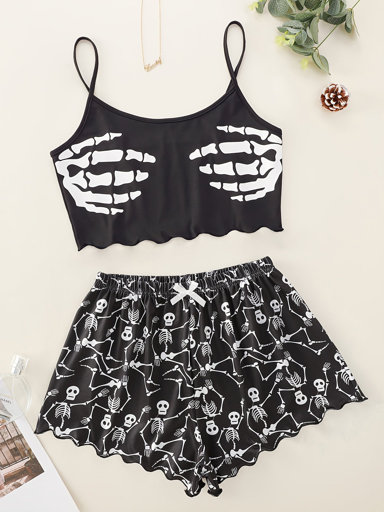 Adult Halloween Garter Top and Shorts Pajama Set Skull Palm Print Polyester