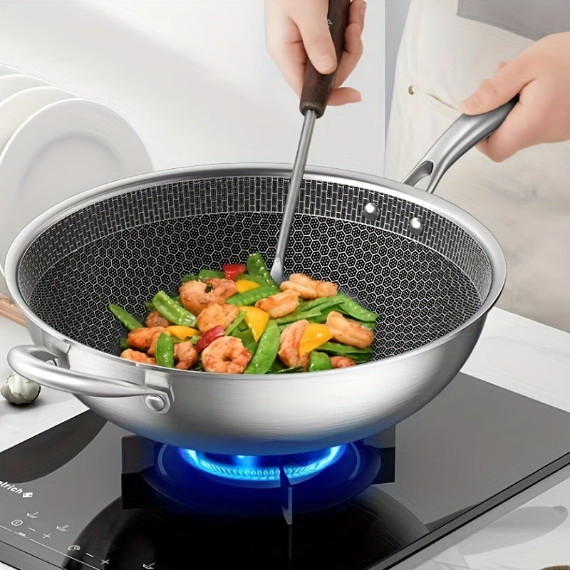 Sartén wok de acero inoxidable con tapa de vidrio, antiadherente, apta para inducción, gas, adecuada para huevos de pescado, filetes
