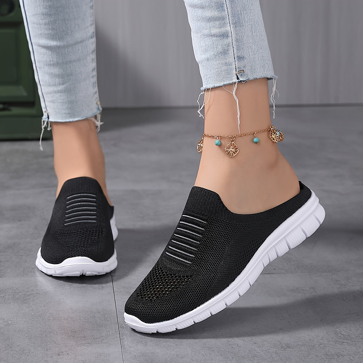 Women's Knit Flat Mules Solid Color Closed Toe Non Slip Casual Shoes