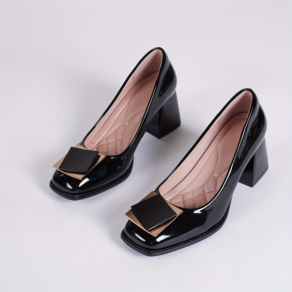 Women's Black Synthetic Square Toe Pumps with Metallic Accents and Chunky Heel