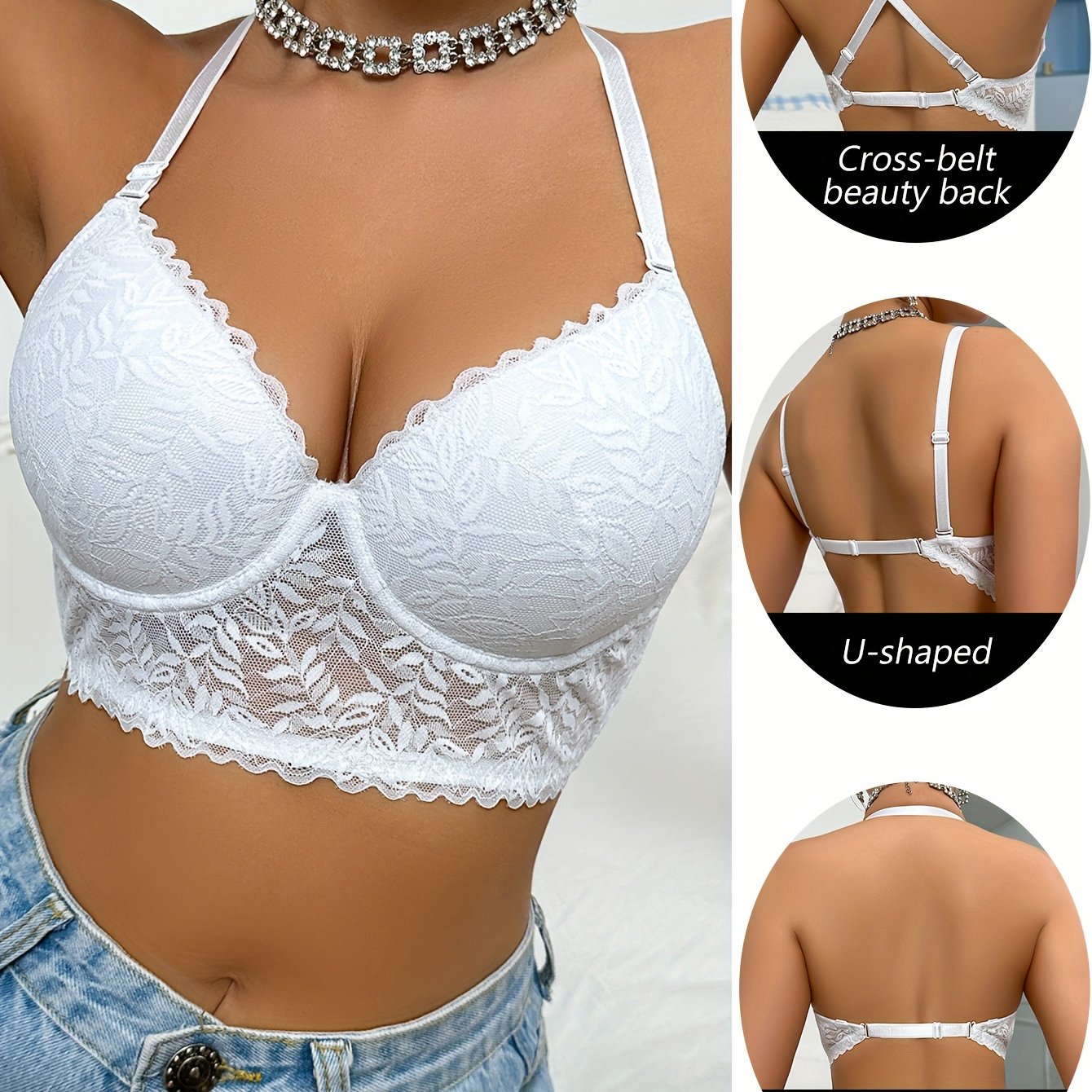 Seamless Lace Push-Up Bra with Scallop Trim Underwire Support for Women