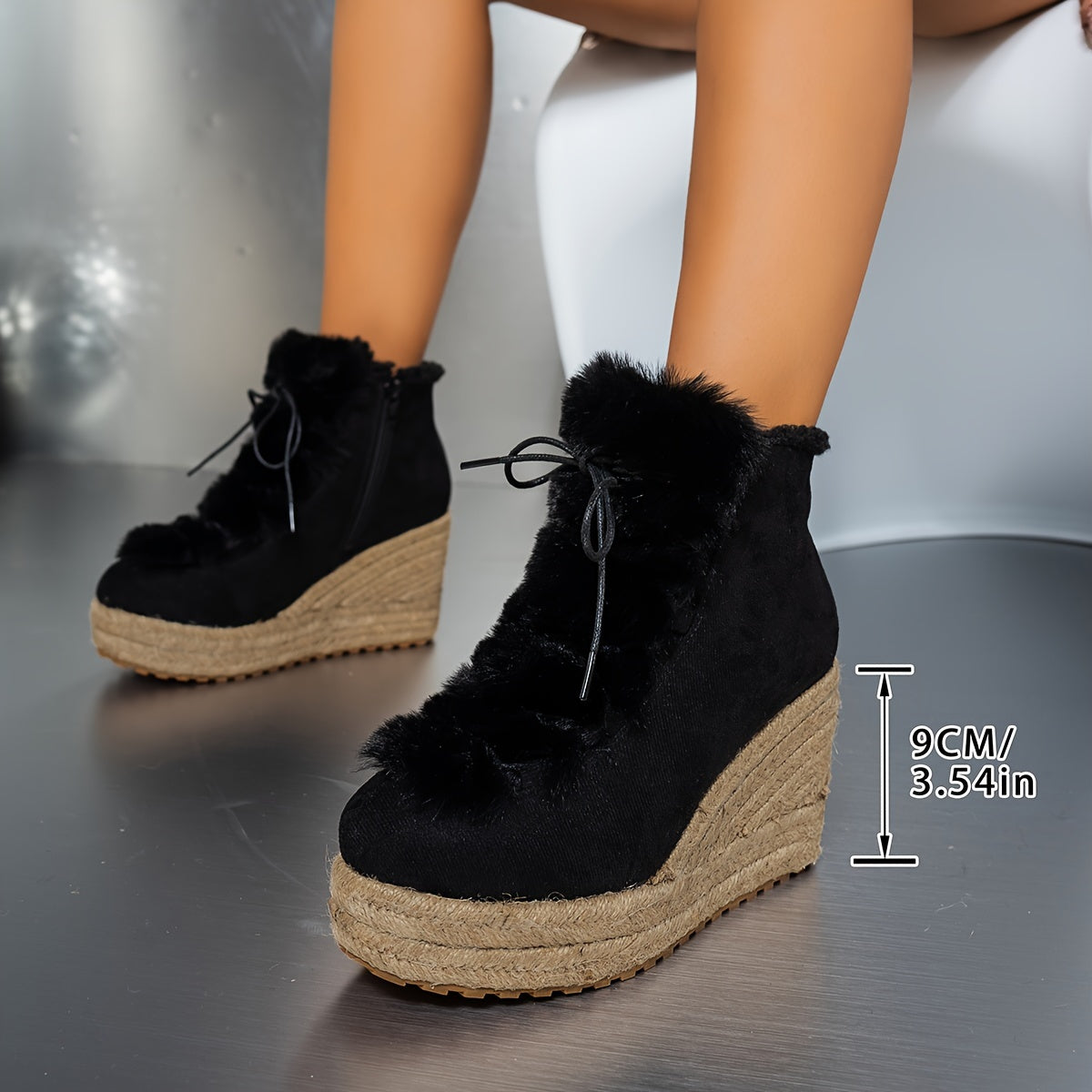 Women's Winter Casual Wedge Boots with Faux Fur Collar and Jute Rope